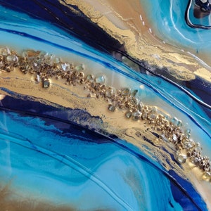 Blue Geode Painting: Resin Wall Art with Quartz Crystals (16x40 inch)