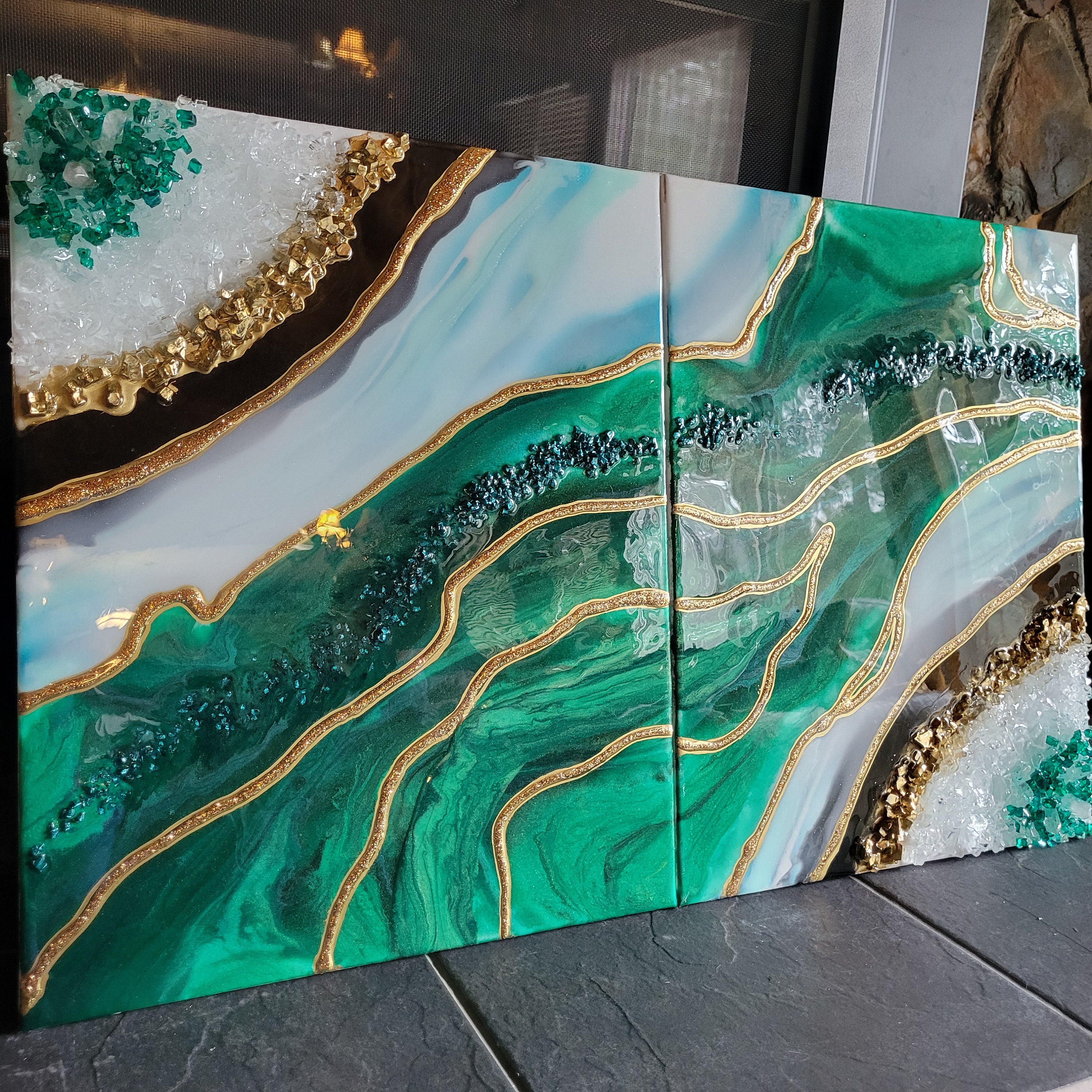 Emerald Green Resin Geode Wall Art: Gold Accent Crystal Decor
