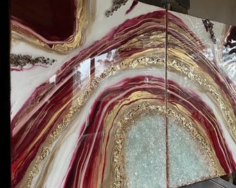 Maroon red resin geode artwork agate inspired . Crystal artwork quartz points . Handmade art