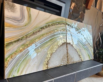 Moss green crystal geode inspired resin wall art
