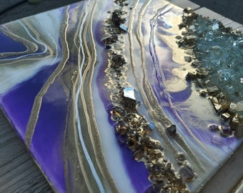 2 piece / purple geode / resin amethyst geode inspired /  resin geode / resin art / epoxy art / modern art / purple / decor / wall art