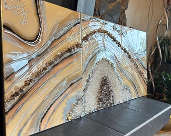 Biege silver geode handmade crystal wall art