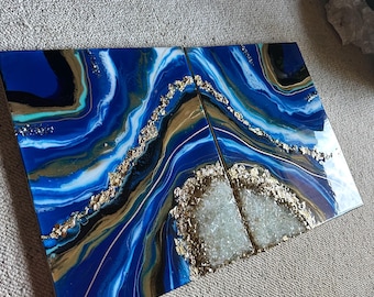 Blue Geode Resin Painting: Gold Flake Modern Wall Art (Two-Piece) blue agate inspired