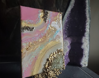 Blush pink Resin artwork/ ready to ship/wallart / epoxy art /  geode / quartz / resin / silver/ black / gold / artwork /  geode/ decor /