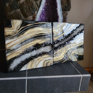 Geode Resin Wall Art: Black and Gold Abstract Painting (12x24 inches)