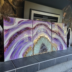 Purple Geode Epoxy Resin Wall Art: Triptych Crystal Decor