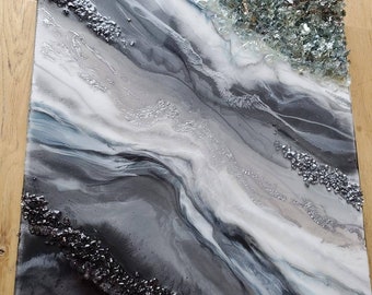 Silver Grey Geode Resin Art: Luxury Acrylic Painting (16x20)