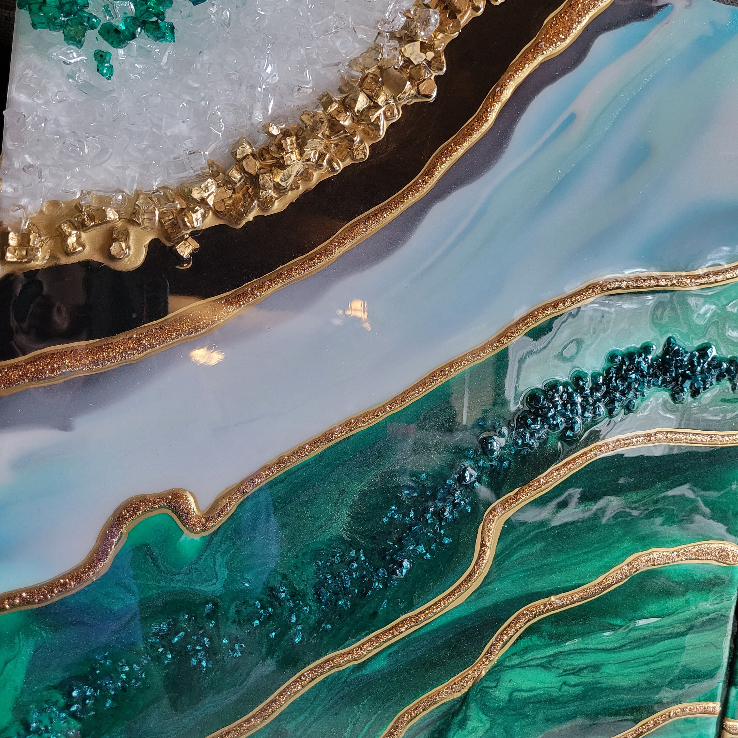 Emerald Green Resin Geode Wall Art: Gold Accent Crystal Decor - Etsy