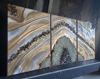Resin Geode Wall Art: Gold Quartz Epoxy Triptych