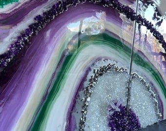Crystal agate inspired resin wall art . Purple green custom 28x44 inch