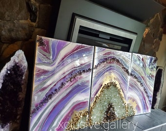 Purple Resin Geode Wall Art: Silver Epoxy 3D Canvas