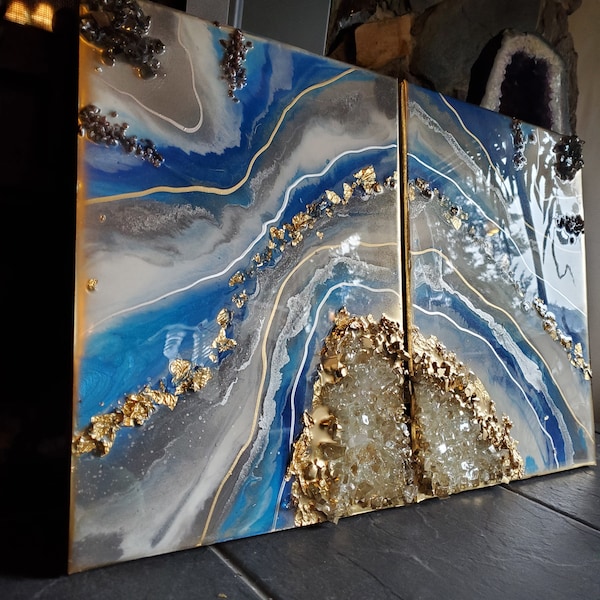 16x24 blue geode artwork / resin geode / epoxy / modern art / blue decor / silver geode/  resin artwork / quartz / wall art / office art /