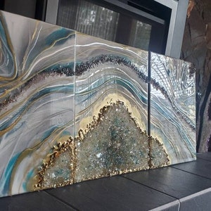 3 piece silver teal geode gold / resin geode / geode painting / geode / art / modern art/ geode art / luxury art / silvet geode / teal geode