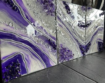 Purple Silver Geode Resin Artwork Set: Sparkling Crystal Wall Decor
