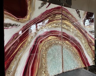 Red Agate Resin Wall Art Set: Handmade Geode Abstract Decor 28x44 inch !