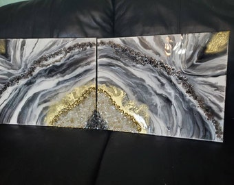 Black & White Resin Geode Painting: Modern Abstract Wall Art (Two 16x20 Canvas)