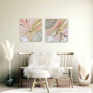 Pink Resin Geode Art: Gold Accent Painting, Two Piece Modern Artwork