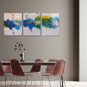 30 x 72 when placed together! / alcohol ink /resin painting / modern art / luxury art / large alcohol ink / blue / green / yellow