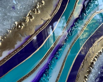 Purple Teal Resin Geode Wall Art:  24k Gold color  Accent, Modern Bohemian Decor (20x40)