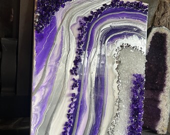 Amethyst Geode Painting Purple & Silver Acrylic Wall Art with Quartz