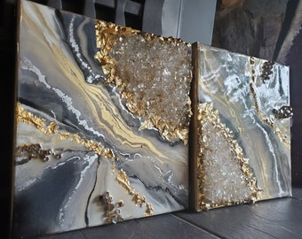 Silver Resin Geode Wall Art: Quartz  Epoxy Painting
