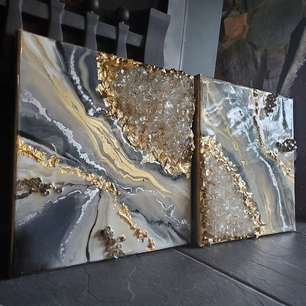 Silver Resin Geode Wall Art: Quartz  Epoxy Painting