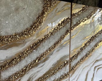 Handcrafted Marble Resin Art Gold & White Abstract Wall Decor . Reflective gold
