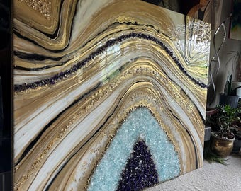 Large resin geode artwork gold biege wall art gift 48x60 inch