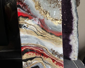 Red Geode Resin Artwork: Silver, Black & Gold Epoxy Art