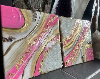 Pink Geode Resin Wall Art | Gold Accents, Quartz Crystals, Abstract Decor