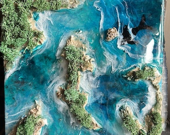Coastal Resin Wall Art – 3D Island Ocean Scene, Real Moss & Coral, Nature Inspired Artwork”