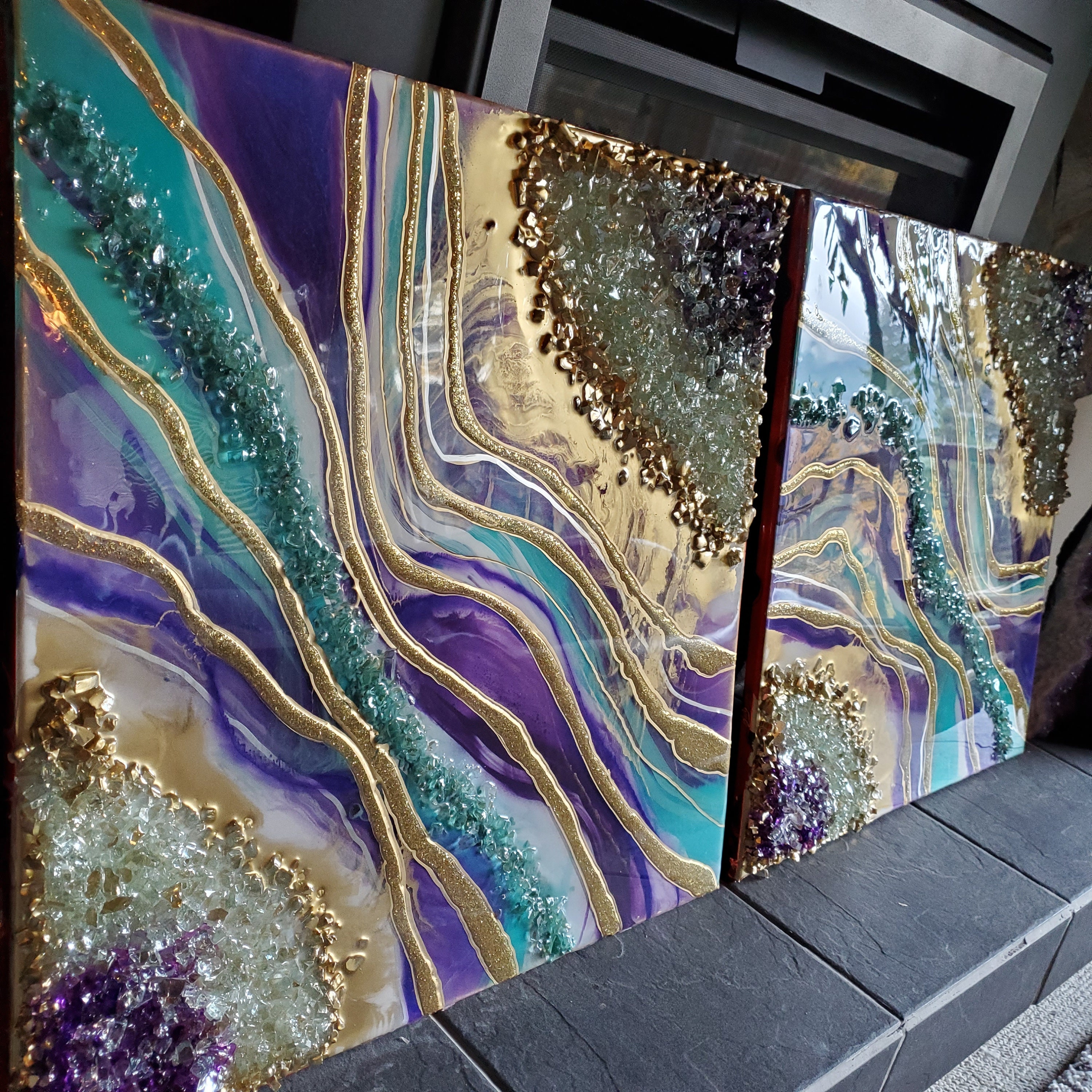 11x14 2 Pc Geode Style Crushed Glass Resin Pour Resin Art Canvas Set total  Size 22x14 MADE TO ORDER 