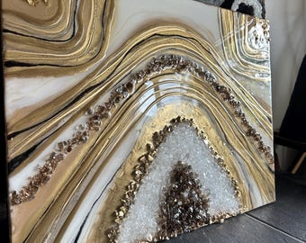 Gold Geode Resin wall art with quartz