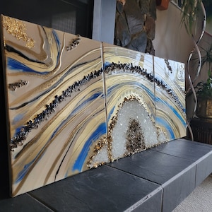 Gold Geode Resin Wall Art: Beige, Blue & Quartz, 20x48 inches