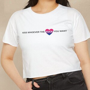 Kiss Whoever You Want Bisexual Flag Pride Crop Tee, Bisexual Crop Top Shirt, LGBTQ Pride Month Apparel, Queer Crop T-Shirt, Gift For Bi Tee