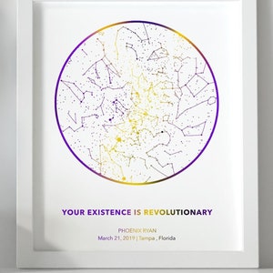 Póster de mapa estelar personalizado por fecha con bandera no binaria, impresión del cielo nocturno del orgullo de Enby, regalo de apoyo para niños de Enby para cambio de nombre no binario, regalo de cumpleaños