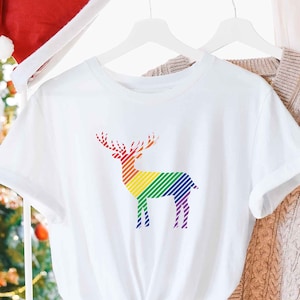 Rainbow Reindeer Gay Christmas Shirt, LGBTQ Subtle Pride Xmas T-Shirt, Gay Holiday Gift, Lesbian Pride Xmas Rainbow T Shirt For Gay Xmas Tee