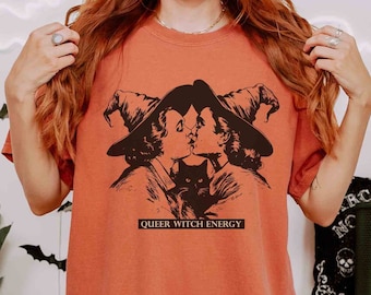 Queer Witch Energy Comfort Colors Shirt, Funny LGBTQ Lesbian Pride T-Shirt, Sapphic Halloween Tee, Lesbian Girlfriend Witchy Couple Cute Top