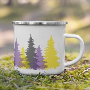 May include: White enamel camping mug with a silver rim and handle. The mug features a design of a forest with purple, yellow, and gray trees.