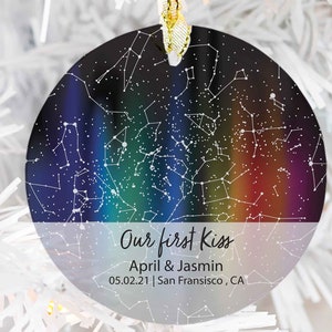 LGBTQ Pride Rainbow Star Map Adorno personalizado por fecha, Regalo de boda gay, Adorno de árbol de Navidad de aniversario lésbico, Adorno de pareja queer