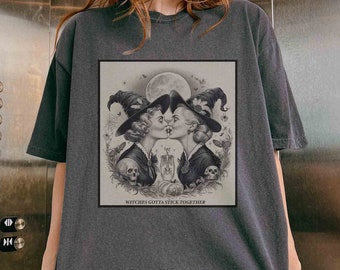 Witches Gotta Stick Together Comfort Colors Shirt, Funny LGBT Lesbian Pride T-Shirt, Sapphic Halloween Tee, Queer Girlfriend Witchy Cute Top