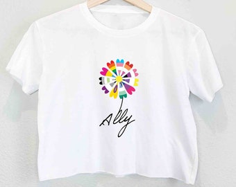 Rainbow Ally Pride Crop Tee, Gay Rainbow Crop Top, LGBTQ Trans Genderfluid Flag Apparel, Bi Queer Right Support Crop Shirt, Lesbian Enby Tee