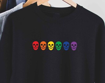 LGBTQ Pride Rainbow Gay Halloween Sweatshirt, Subtle Rainbow Flag Minimal Skull Print, Gay Halloween, Lesbian Sweater, Gay Trick Or Treat