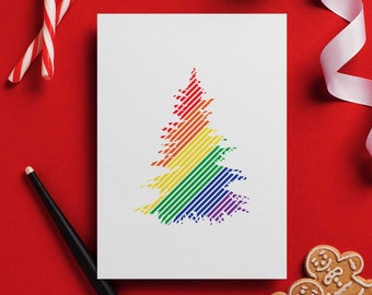 Carte de Noël LGBTQ, carte de voeux pliée arbre arc-en-ciel et enveloppe, carte de sapin de Noël gay, carte de Noël lesbien, carte de vœux arc-en-ciel