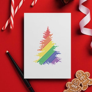 Carte de Noël LGBTQ, carte de voeux pliée arbre arc-en-ciel et enveloppe, carte de sapin de Noël gay, carte de Noël lesbien, carte de vœux arc-en-ciel