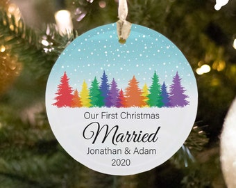 LGBTQ 1st Christmas Married Rainbow Ornament For Gay Wedding Gift For Same-Sex Couple Ornament For Lesbian Engagement Ornament Gay Newlywed