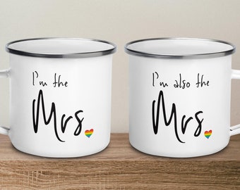LGBTQ Mrs. and Mrs. Lesbian Couple Camping Mug, Lesbian Two Brides Gift, Lesbian Wedding Mug, Lesbian Wife, Lesbian Newlywed Valentine Gift