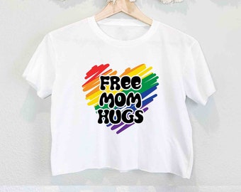 Free Mom Hugs Pride Crop Tee, Gay Rainbow Crop Top, LGBTQ Parade Apparel, Bi Queer Right Ally Support Crop T-Shirt, Lesbian Pride Crop Tee