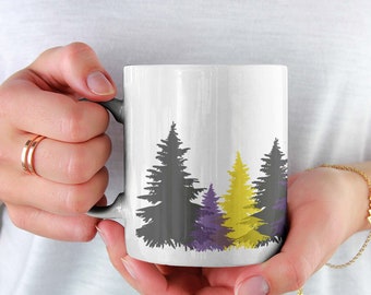 Nonbinary Coffee Mug, Enby Color Flag Xmas Tree Mug, Nonbinary Pride Gift, Gender Queer Mug, Genderfluid Xmas Gift, Nonbinary Birthday Gift