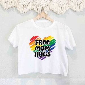 Free Mom Hugs Pride Crop Tee, Gay Rainbow Crop Top, LGBTQ Parade Apparel, Bi Queer Right Ally Support Crop T-Shirt, Lesbian Pride Crop Tee